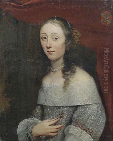 Bildnis Einer Jungen Adeligen Dame Als Halbfigur Vor Einem Fenster. Sie Tragt Ein Graues, Perlenbesticktes Kleid Mit Spitzenabschluss. Oben Rechts Wappendarstellung - view 1