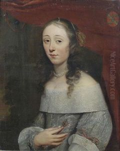 Bildnis Einer Jungen Adeligen Dame Als Halbfigur Vor Einem Fenster. Sie Tragt Ein Graues, Perlenbesticktes Kleid Mit Spitzenabschluss. Oben Rechts Wappendarstellung