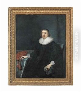Portrait Of A Gentleman, Three-quarter-length, In A Black Tunic And Cape, White Ruff And Cuffs, His Right Hand Resting On An Embroidered Purse On A Table