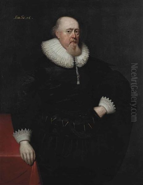 Portrait Of A Gentleman, Three-quarter-length, In A Black Coat With A Lace Ruff And Cuffs, Standing Beside A Table - view 1