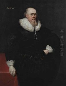 Portrait Of A Gentleman, Three-quarter-length, In A Black Coat With A Lace Ruff And Cuffs, Standing Beside A Table