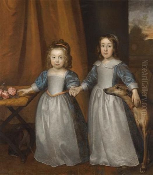 Portrait Of Two Young Girls On A Terrace With Two Hounds, A Landscape Beyond - view 1