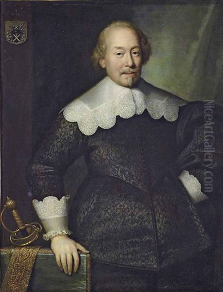 Portrait Of A Member Of The Hoeufft Family, Possibly Arnold Hoeufft, Of Cologne, In A Black Doublet With Lace-edged Collar And Cuffs, His Right Hand On A Table With His Sword - view 1