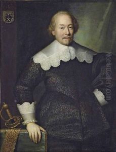 Portrait Of A Member Of The Hoeufft Family, Possibly Arnold Hoeufft, Of Cologne, In A Black Doublet With Lace-edged Collar And Cuffs, His Right Hand On A Table With His Sword