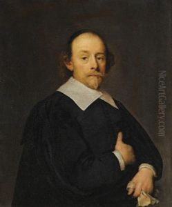A Portrait Of A Man In Black, Holding A Pair Of Gloves (+ A Portrait Of A Woman, Wearing A Black Dress, An Ornate Lace Collar And Holding A Fan; Pair) by Cornelis Jonson Van Ceulen