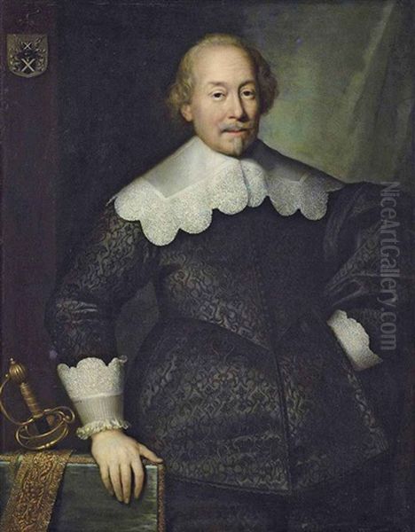 Portrait Of A Member Of The Hoeufft Family (possibly Arnold Hoeufft, Of Cologne?) In A Black Doublet With Lace-edged Collar And Cuffs, His Right... - view 1