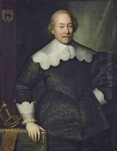 Portrait Of A Member Of The Hoeufft Family (possibly Arnold Hoeufft, Of Cologne?) In A Black Doublet With Lace-edged Collar And Cuffs, His Right...