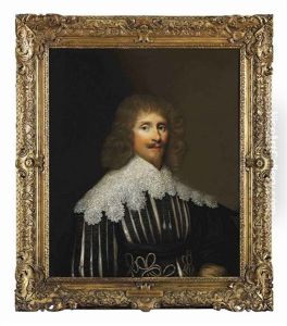 Portrait Of A Gentleman (of The Wilbraham Family?) In A Black Slashed Doublet With A Lace Collar by Cornelis Jonson Van Ceulen