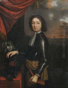 Bildnis Eines Edelmannes In Rustung Als Feldherrenportrait Vor Landschaftshintergrund by Cornelis Jonson Van Ceulen