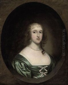 Portrait Of A Lady (lady Bowyer ?) In A Green Dress With Ribbons And A Pearl Necklace In A Sculpted Cartouche