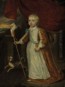 Portrait Of A Young Boy Holding A Hobby Horse With His Dog Beside by Cornelis Jonson Van Ceulen