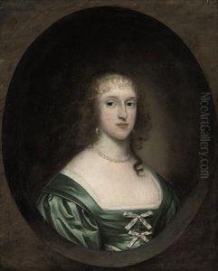 Portrait Of Lady Bowyer In A Green Dress With Ribbons And A Pearl Necklace