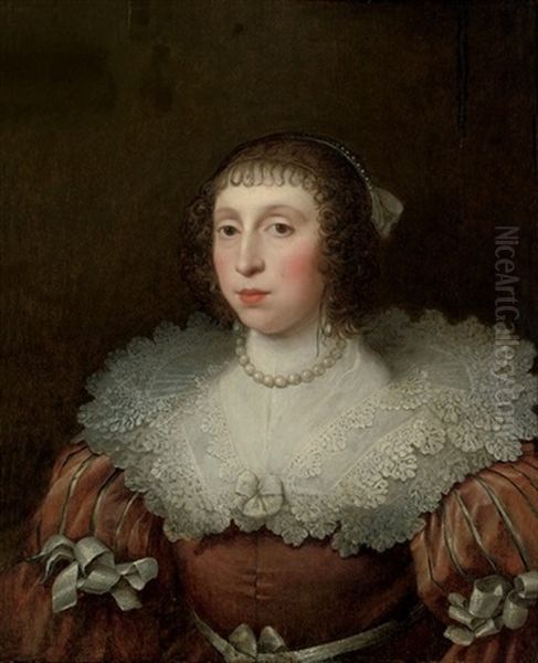 Portarit Of A Lady In A Red Silk Dress With A Lace Collar - view 1