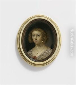 A Young Lady, In Dress With White Wide Bobbin Lace Collar, Crimson Ribbon Rosette At Corsage, Thin Gold Chain, Pearl Necklace, Pendant Pearl Earring by Cornelis Jonson Van Ceulen