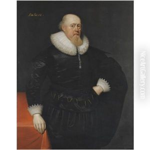 Portrait Of A Gentleman Three-quarter Length, Standing Beside A Table, Wearing A Black Suit With Lace Ruff And Cuffs
