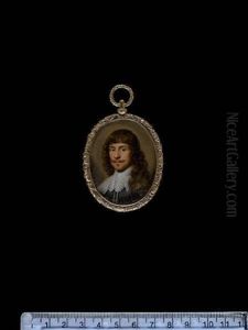 A Gentleman, Wearing Black Doublet With White Lace Falling Collar Tied At The Front With Tasselled Cords, His Curled Brown Hair Worn Long