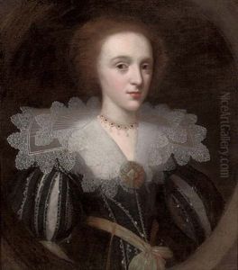 Portrait Of A Lady In A Black And White Slashed Dress With A Lace Collar, And Green And Gold Embroidered Rosette And Sash by Cornelis Jonson Van Ceulen