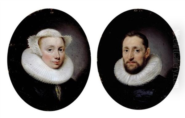 Portrait Of Theoderick Hoste In A Black Doublet With A Lace Ruff (+ Portrait Of His Wife Jane Hoste In A Black Dress With A Lace Ruff And Bonnet, Insc.; Pair) - view 1