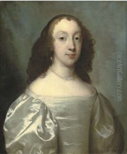Portrait Of A Lady In An Oyster Satin Dress With Pearl Necklace And Earrings
