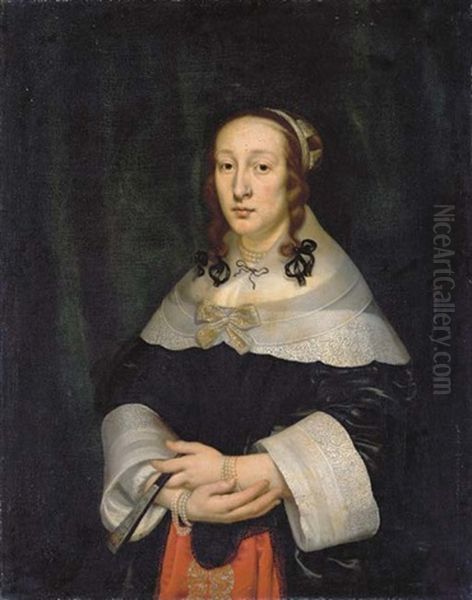 Portrait Of A Lady, Half-length, In A Red And Black Satin Dress With A Lace Collar And Pearls, Holding A Fan With Clasped Hands - view 1