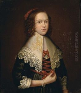 Portrait Of A Lady In A Green Silk Dress With A White Lace Collar And Cuffs, Wearing A Pearl Bracelet