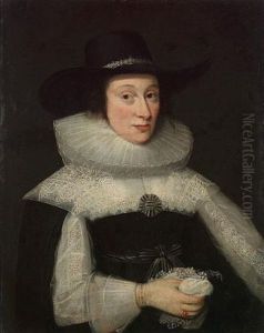Portrait Of A Lady, Half-length, In Black Costume With White Lace Sleeves And Collar, And A Black Hat by Cornelis Jonson Van Ceulen
