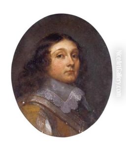 Portrait Of A Gentleman, Head And Shoulders, Long Curling Brown Hair, Wearing A Light Brown Doublet With Deep Lace Falling Collar,