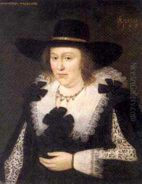 Portrait Of Lettice Morison, Viscountess Falkland, Wife Of Lucius Cary, 2nd Viscount Falkland, In A Black And White Brocade Dress With Lace Collar And A Black Hat - view 1