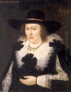 Portrait Of Lettice Morison, Viscountess Falkland, Wife Of Lucius Cary, 2nd Viscount Falkland, In A Black And White Brocade Dress With Lace Collar And A Black Hat