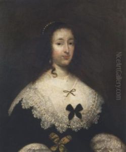 Portrait Of A Lady In A Black Dress With A White Lace Collar And Cuffw, With Yellow And Black Bows by Cornelis Jonson Van Ceulen