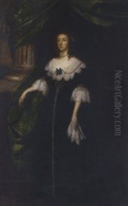 Portrait Of A Lady In A Black Dress With Lace Collar And Cuffs And Pearl Trimmed, By A Green Draped Column Portrait Of A Lady In A Black Dress With Lace Collar And Cuffs And Pearl Trimmed, By A Green Draped Column