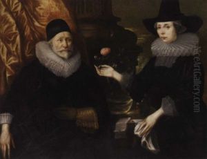Double Portrait Of A Lady And Gentleman Before A Partly-draped Column And A Ledge, She Offering Him A Rose In Her Right Hand