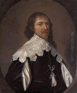 Portrait Of A Gentleman In A Black Slashed Doublet And Falling Lace Collar by Cornelis Jonson Van Ceulen