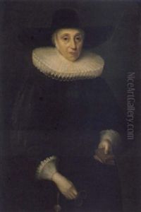 Portrait Of A Lady (miss Eddowes?) In A Black Dress With A Lace Ruff And Cuffs, Holding A Pair Of Glasses And A Book by Cornelis Jonson Van Ceulen