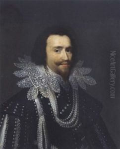 Portrait Of George Villiers, 1st Duke Of Buckingham, Wearing A Black Costume Adorned With Pearls And A White Lace Collar