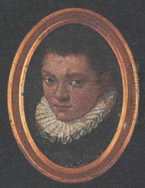 A Young Gentleman, With Long Dark Brown Hair, Wearing Bejewelled And Gold Figured Jerkin With Matching Bands Across His Full White Sleeves And Lace Jabot - view 1