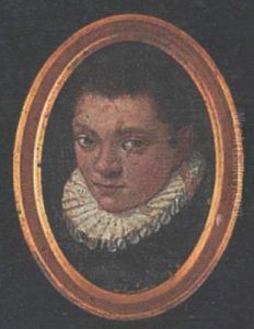 A Young Gentleman, With Long Dark Brown Hair, Wearing Bejewelled And Gold Figured Jerkin With Matching Bands Across His Full White Sleeves And Lace Jabot by Cornelis Jonson Van Ceulen