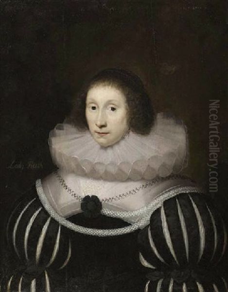 Portrait Of Margaret, Lady Heath, Wife Of Sir Robert Heath, In A Black Dress With Slashed Sleeves And A White Ruff, With A Rope Of Pearls - view 1