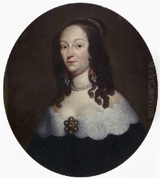 Portrait Of A Lady (catharina Amino?) Wearing A Black Dress With Lace Collar, Pearl Earrings, Necklace, Headdress And Broach - view 1