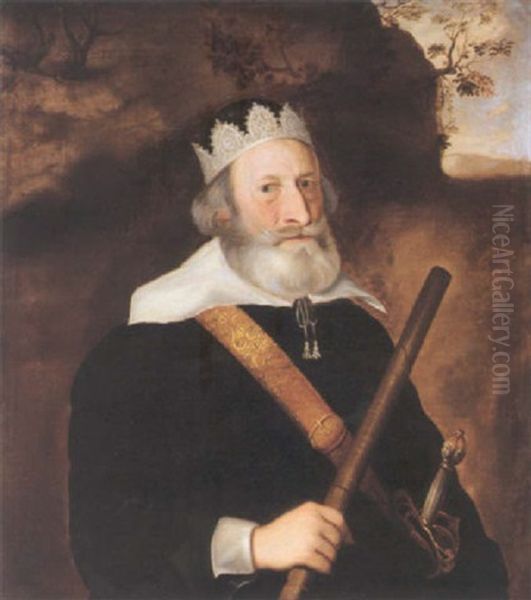 Portrait Of Sir William Monson Wearing A Black Tunic With White Collar, Holding A Baton In His Right Hand And A Sword By His Side - view 1