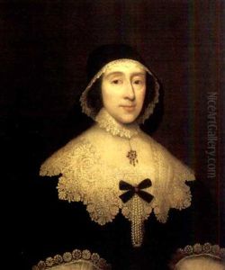 Portrait Of A Lady Wearing A Black Dress, Lace Collar And Cuffs With Pearls Attached To A Black Bow