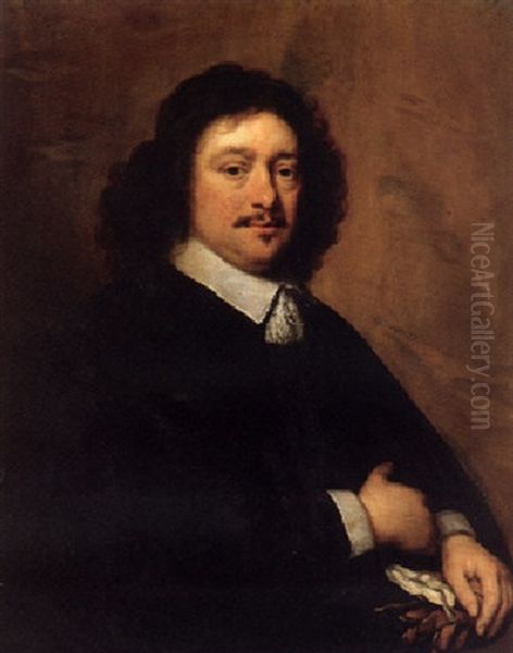 Portrait Of A Gentleman Wearing A Black Coat And A Lace Collar, Holding A Pair Of Gloves - view 1