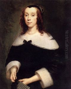 Portrait Of A Lady In Black Dress With A Lace Collar And Cuffs, Holding A Fan by Cornelis Jonson Van Ceulen