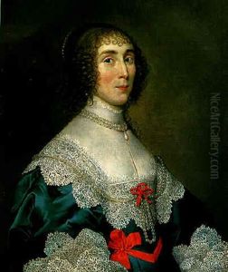 Portrait Of A Lady Wearing A Blue Dress With Red Ribbons And White Lace Collar And Cuffs