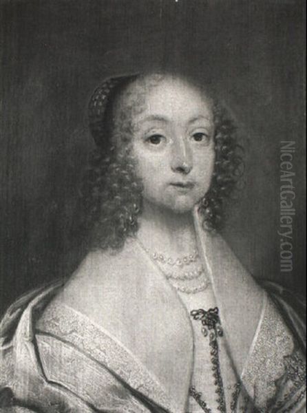 Portrait Of A Lady, Half Length In A Lace Dress Wearing Pearls - view 1