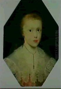 Portrait Of A Little Girl, Head And Shoulders, In A Red Dress And A White Lace Collar,trimmed With Lace