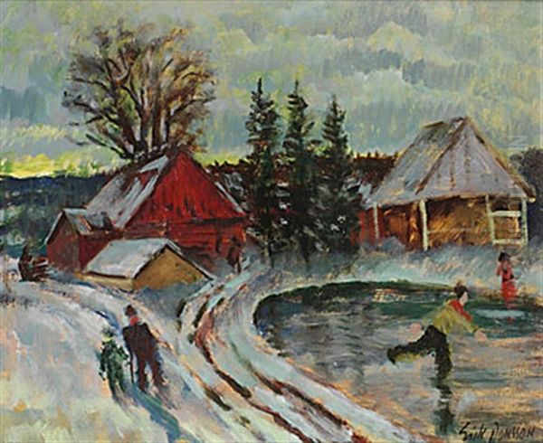 Vinterlandskap Med Skridskoakare - view 1