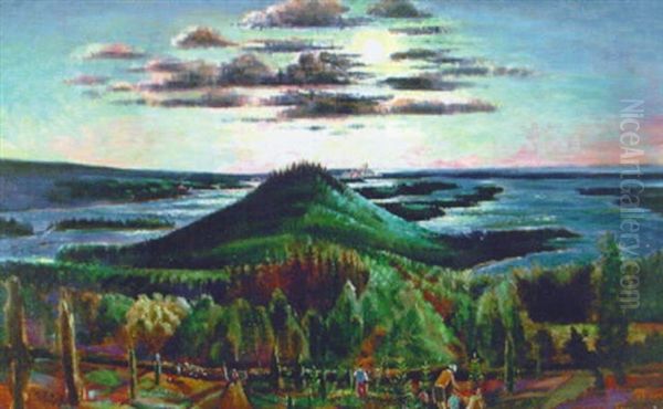 Picknick Vid Ivo Klack, I Bakgrunden Ifo Bruck, Bromolla, I Vanster Sida Battransport Av Kaolinlera Till Bruket - view 1