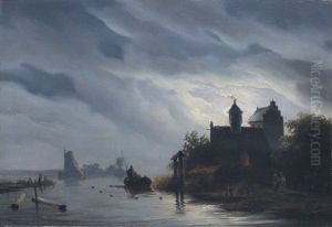 Een Kasteel Aan Een Rivier Bij Maanlicht