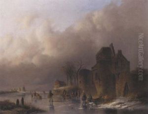 Numerous Figures On The Ice With A Koek En Zopie By A Ruined Mansion by Pieter Hendrik Lodewijk Jonxis